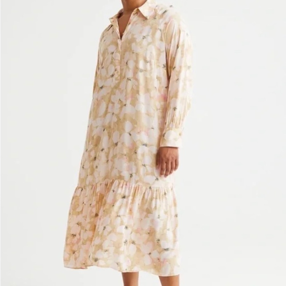 H&M popover floral maxi dress ruffle hem shirt dress size L spring Easter